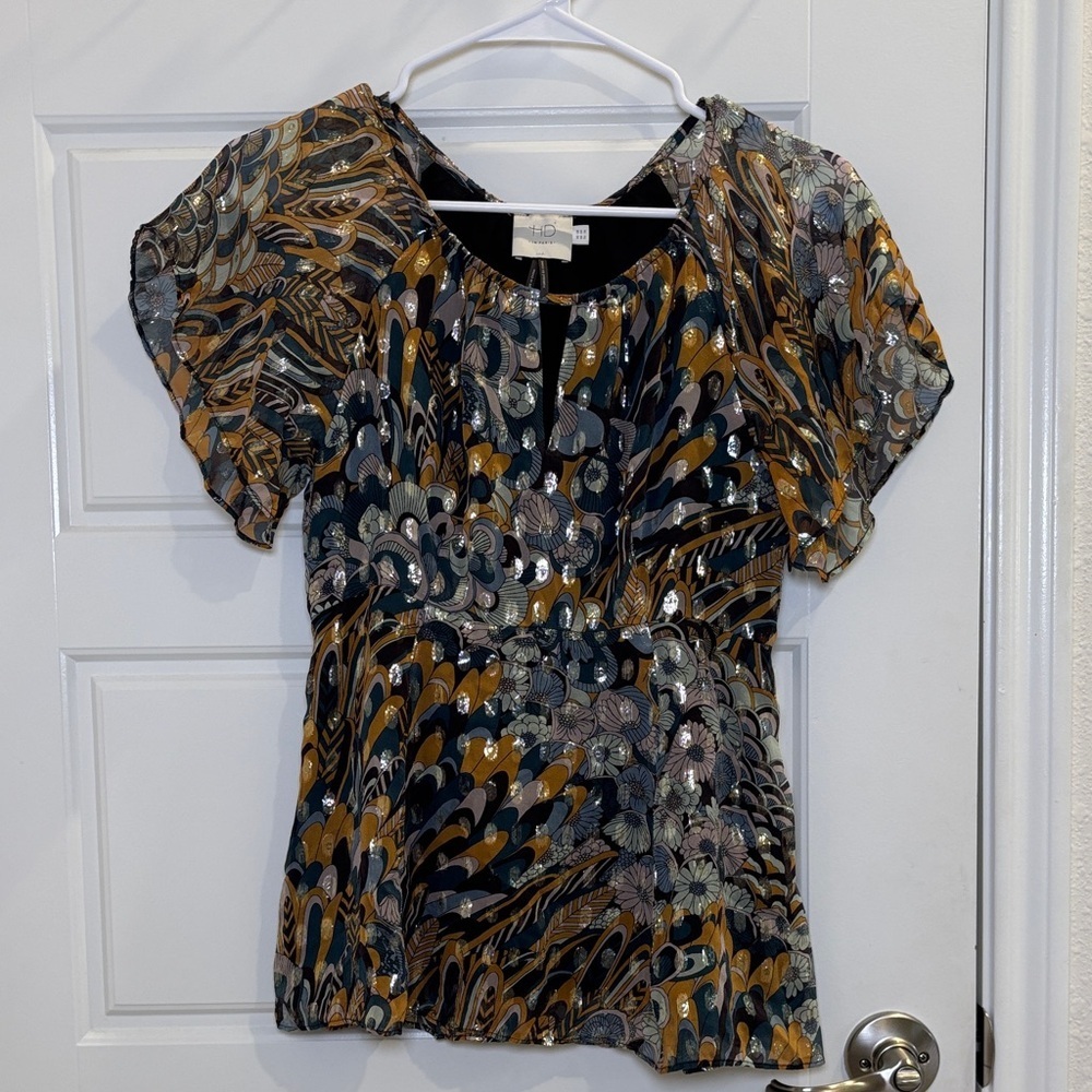 HD in Paris Silk Metallic Blouse Size 4 Anthropologie Boho Sheer Top